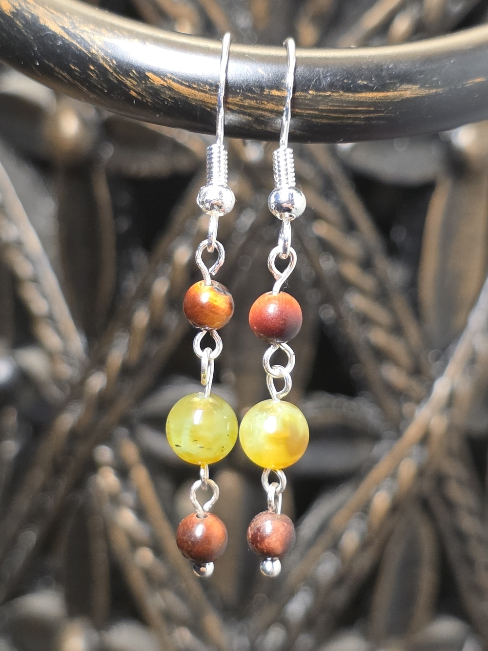 Sterling Silver Dragon Vein Agate and Tiger Eye Bead Drop Earrings